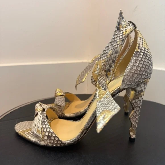 Alexandre Birman Clarita Bow Elegant Snakeskin High Heel Sandals Gold & Silver - Picture 3 of 9